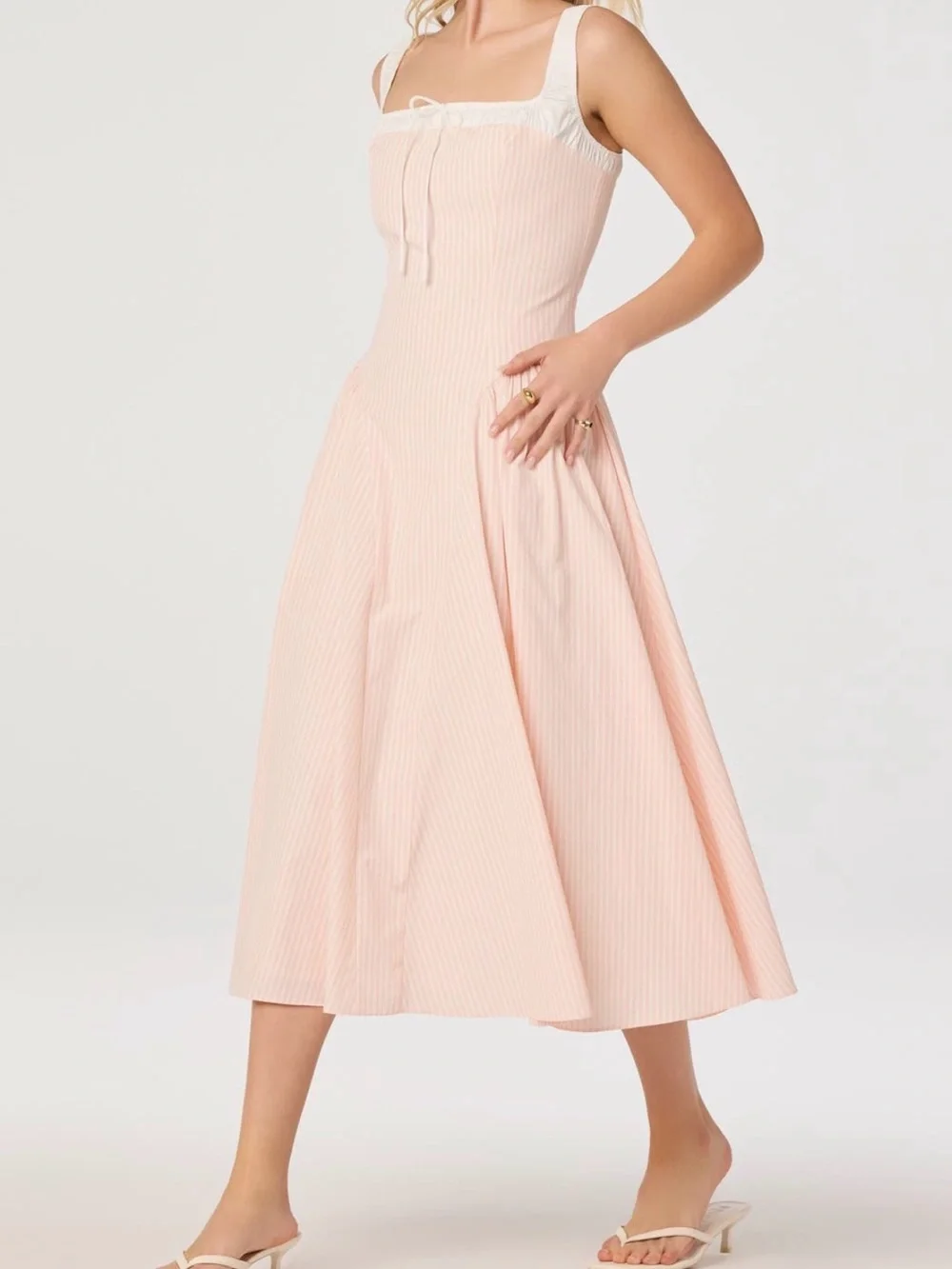 ASTR Blush Pink Square-Neck Midi Dress with Tie Detail - Picture 2 of 6